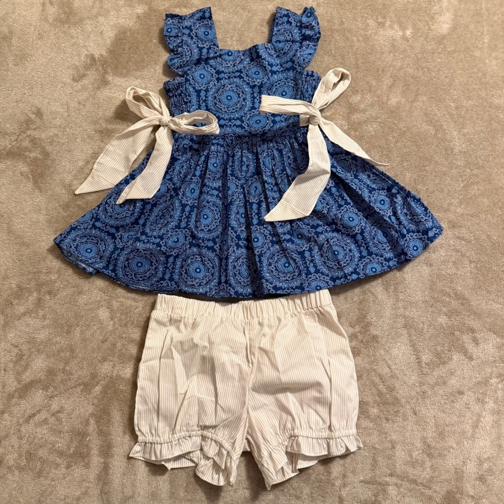 Ricrac & Ruffles Girls Blue Medallion Dress and Striped Bloomer Set Size 5 NWT